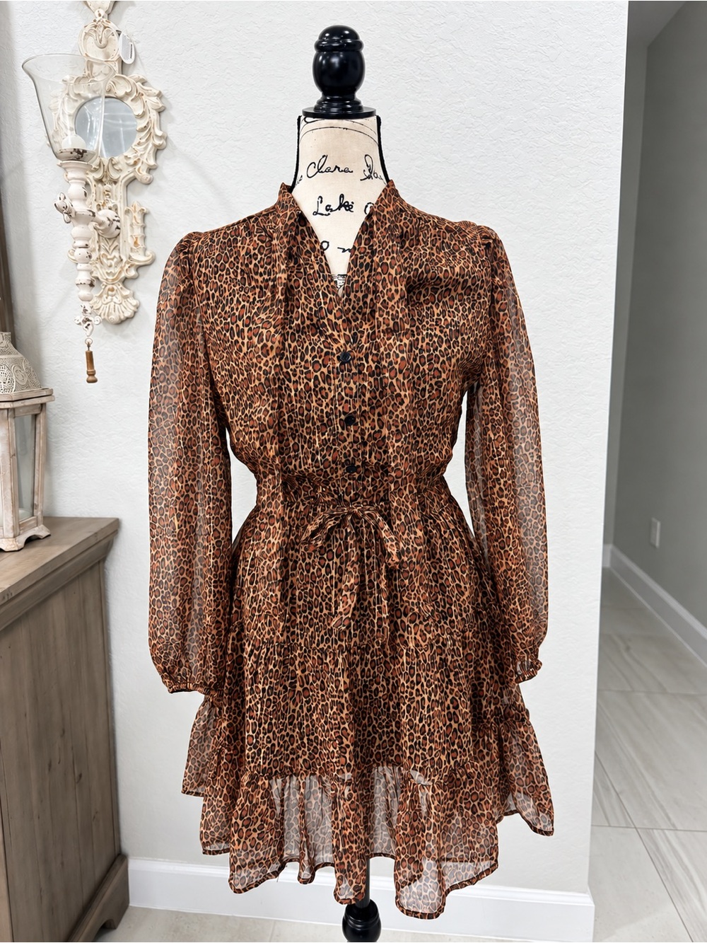 Dizzy Lizzy Leopard Gold Metallic Belted Mini Dress M NWT